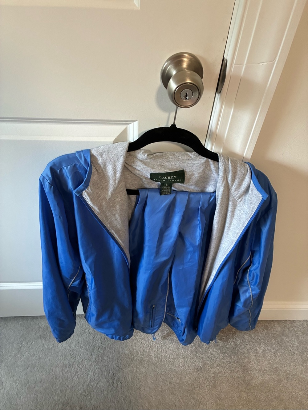 Lauren Ralph Lauren Blue Hooded Bomber Jacket with Gray Lining